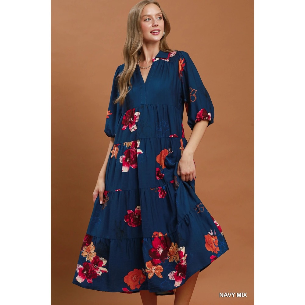 Umgee Floral Print Tiered Midi Dress with Puff Sleeves - Navy - Medium - Picture 4 of 6